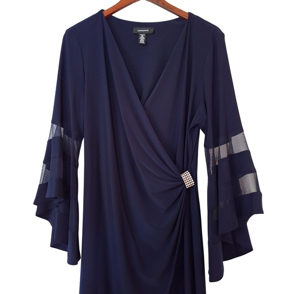 R&M Richards Navy Blue Dress Rhinestone Bell Sleeve Women's Size 16 NWT - Picture 2 of 5